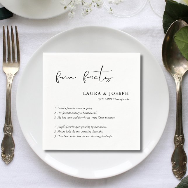 Personalised Script Black White Wedding Fun Facts Napkin (Personalized script black white fun facts napkins add meaningful charm to wedding tables)