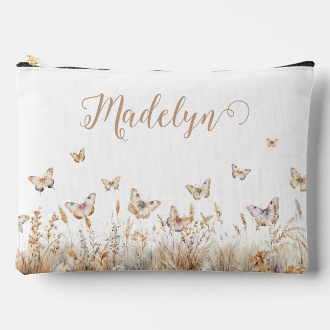 Personalised Script Boho Butterflies Accessory Pouch (Front)