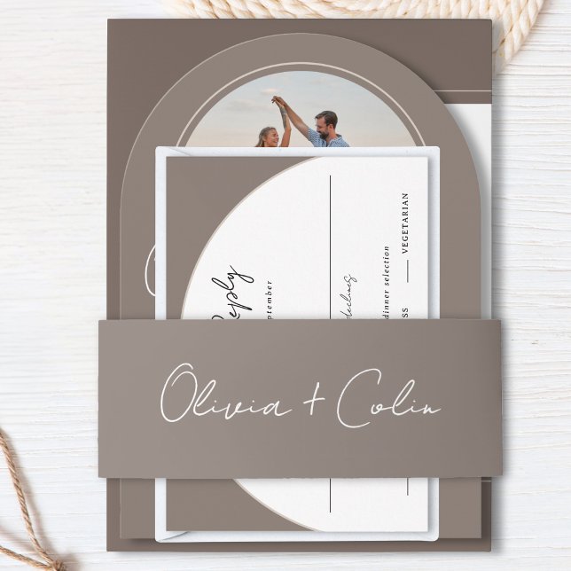 Personalised Script First Names Taupe Wedding Invitation Belly Band (Personalized Script First Names Taupe Wedding Invitation Belly Band Wrap)
