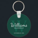 Personalised Script Groomsmen name&Monogram Key Ring<br><div class="desc">Add a personal touch to your wedding with personalised groomsmen keychain. This keychain features personalised groomsman's name in white classic script font style with wedding details in white classic serif font style and monogram in light emerald green classic serif font style as background, on emerald green background. Also perfect for...</div>