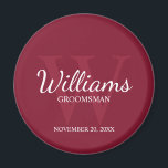 Personalised Script Groomsmen Name&Monogram Magnet<br><div class="desc">Add a personal touch to your wedding with personalised groomsmen magnet. This magnet features personalised groomsman's name in white classic script font style with wedding details in white classic serif font style and monogram in light burgundy red classic serif font style as background, on burgundy red background. Also perfect for...</div>