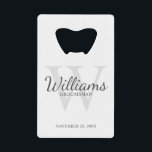 Personalised Script Groomsmen's Name and Monogram<br><div class="desc">Add a personal touch to your wedding with personalised groomsmen credit card bottle opener. This bottle opener features personalised groomsman's name in grey classic script font style with wedding details in grey classic serif font style and monogram in light grey classic serif font style as background, on white background. Also...</div>