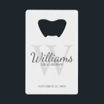 Personalised Script Groomsmen's Name and Monogram<br><div class="desc">Add a personal touch to your wedding with personalised groomsmen credit card bottle opener. This bottle opener features personalised groomsman's name in grey classic script font style with wedding details in grey classic serif font style and monogram in light grey classic serif font style as background, on white background. Also...</div>