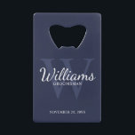 Personalised Script Groomsmen's Name and Monogram<br><div class="desc">Add a personal touch to your wedding with personalised groomsmen credit card bottle opener. This bottle opener features personalised groomsman's name in white classic script font style with wedding details in white classic serif font style and monogram in light navy blue classic serif font style as background, on navy blue...</div>