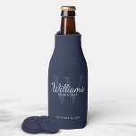 Personalised Script Groomsmen's name and Monogram  Bottle Cooler<br><div class="desc">Add a personal touch to your wedding with personalised groomsmen bottle cooler. This bottle cooler features personalised groomsman's name in white classic script font style with wedding details in white classic serif font style and monogram in light navy blue classic serif font style as background, on navy blue background. Also...</div>