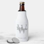 Personalised Script Groomsmen's name and Monogram Bottle Cooler<br><div class="desc">Add a personal touch to your wedding with personalised groomsmen bottle cooler. This bottle cooler features personalised groomsman's name in grey classic script font style with wedding details in grey classic serif font style and monogram in light grey classic serif font style as background, on white background. Also perfect for...</div>