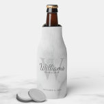 Personalised Script Groomsmen's name and Monogram  Bottle Cooler<br><div class="desc">Add a personal touch to your wedding with personalised groomsmen bottle cooler. This bottle cooler features personalised groomsman's name in grey classic script font style with wedding details in grey classic serif font style and monogram in light grey classic serif font style as background, on white marble background. Also perfect...</div>