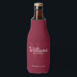 Personalised Script Groomsmen's name and Monogram  Bottle Cooler<br><div class="desc">Add a personal touch to your wedding with personalised groomsmen bottle cooler. This bottle cooler features personalised groomsman's name in white classic script font style with wedding details in white classic serif font style and monogram in light burgundy red classic serif font style as background, on burgundy red background. Also...</div>