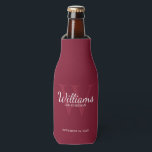 Personalised Script Groomsmen's name and Monogram  Bottle Cooler<br><div class="desc">Add a personal touch to your wedding with personalised groomsmen bottle cooler. This bottle cooler features personalised groomsman's name in white classic script font style with wedding details in white classic serif font style and monogram in light burgundy red classic serif font style as background, on burgundy red background. Also...</div>