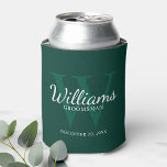 Personalised Script Groomsmen's name and Monogram  Can Cooler<br><div class="desc">Add a personal touch to your wedding with personalised groomsmen can cooler. This can cooler features personalised groomsman's name in white classic script font style with wedding details in white classic serif font style and monogram in light emerald green classic serif font style as background, on emerald green background. Also...</div>