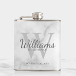 Personalised Script Groomsmen's name and Monogram  Hip Flask<br><div class="desc">Add a personal touch to your wedding with personalised groomsmen flask. This flask features personalised groomsman's name in grey classic script font style with wedding details in grey classic serif font style and monogram in light grey classic serif font style as background, on white marble background. Also perfect for best...</div>