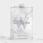 Personalised Script Groomsmen's name and Monogram Hip Flask<br><div class="desc">Add a personal touch to your wedding with personalised groomsmen flask. This flask features personalised groomsman's name in grey classic script font style with wedding details in grey classic serif font style and monogram in light grey classic serif font style as background, on white marble background. Also perfect for best...</div>