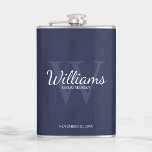 Personalised Script Groomsmen's name and Monogram Hip Flask<br><div class="desc">Add a personal touch to your wedding with personalised groomsmen flask. This flask features personalised groomsman's name in white classic script font style with wedding details in white classic serif font style and monogram in light navy blue classic serif font style as background, on navy blue background. Also perfect for...</div>