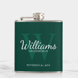 Personalised Script Groomsmen's name and Monogram  Hip Flask<br><div class="desc">Add a personal touch to your wedding with personalised groomsmen flask. This flask features personalised groomsman's name in white classic script font style with wedding details in white classic serif font style and monogram in light emerald green classic serif font style as background, on emerald green background. Also perfect for...</div>
