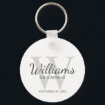 Personalised Script Groomsmen's name and Monogram  Key Ring<br><div class="desc">Add a personal touch to your wedding with personalised groomsmen keychain. This keychain features personalised groomsman's name in grey classic script font style with wedding details in grey classic serif font style and monogram in light grey classic serif font style as background, on white background. Also perfect for best man,...</div>