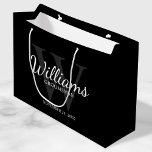 Personalised Script Groomsmen's name and Monogram  Large Gift Bag<br><div class="desc">Add a personal touch to your wedding with personalised groomsmen gift bag. This gift bag features personalised groomsman's name in white classic script font style with wedding details in white classic serif font style and monogram in grey classic serif font style as background, on black background. Also perfect for best...</div>