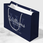 Personalised Script Groomsmen's name and Monogram  Large Gift Bag<br><div class="desc">Add a personal touch to your wedding with personalised groomsmen gift bag. This gift bag features personalised groomsman's name in white classic script font style with wedding details in white classic serif font style and monogram in light navy blue classic serif font style as background, on navy blue background. Also...</div>