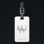 Personalised Script Groomsmen's name and Monogram  Luggage Tag<br><div class="desc">Add a personal touch to your wedding with personalised groomsmen luggage tag. This luggage tag features personalised groomsman's name in grey classic script font style with wedding details in grey classic serif font style and monogram in light grey classic serif font style as background, on white background. Also perfect for...</div>