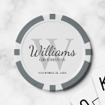 Personalised Script Groomsmen's name and Monogram  Poker Chips<br><div class="desc">Add a personal touch to your wedding with personalised groomsmen poker chips. This design features personalised groomsman's name in grey classic script font style with wedding details in grey classic serif font style and monogram in light grey classic serif font style as background, on white background. Also perfect for best...</div>