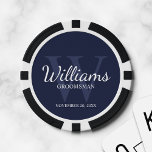 Personalised Script Groomsmen's name and Monogram Poker Chips<br><div class="desc">Add a personal touch to your wedding with personalised groomsmen poker chips. This design features personalised groomsman's name in white classic script font style with wedding details in white classic serif font style and monogram in light navy blue classic serif font style as background, on navy blue background. Also perfect...</div>
