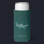 Personalised Script Groomsmen's name and Monogram  Seltzer Can Cooler<br><div class="desc">Add a personal touch to your wedding with personalised groomsmen can cooler. This can cooler features personalised groomsman's name in white classic script font style with wedding details in white classic serif font style and monogram in light emerald green classic serif font style as background, on emerald green background. Also...</div>