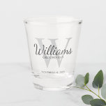 Personalised Script Groomsmen's name and Monogram Shot Glass<br><div class="desc">Add a personal touch to your wedding with personalised groomsmen shot glass. This shot glass features personalised groomsman's name in grey classic script font style with wedding details in grey classic serif font style and monogram in light grey classic serif font style as background. Also perfect for best man, father...</div>