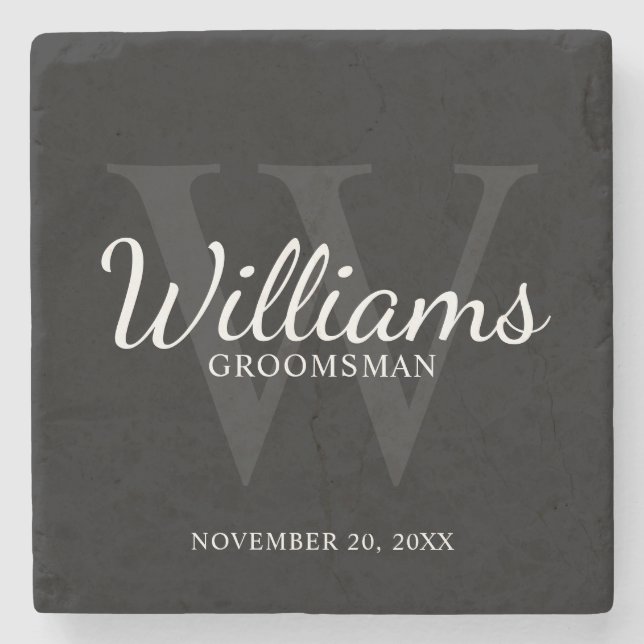 Personalised Script Groomsmen's name and Monogram  Stone Coaster (Front)