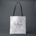 Personalised Script Groomsmen's name and Monogram  Tote Bag<br><div class="desc">Add a personal touch to your wedding with personalised groomsmen tote bag. This bag features personalised groomsman's name in grey classic script font style with wedding details in grey classic serif font style and monogram in light grey classic serif font style as background, on white marble background. Also perfect for...</div>