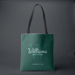 Personalised Script Groomsmen's name and Monogram  Tote Bag<br><div class="desc">Add a personal touch to your wedding with personalised groomsmen tote bag. This bag features personalised groomsman's name in white classic script font style with wedding details in white classic serif font style and monogram in light emerald green classic serif font style as background, on emerald green background. Also perfect...</div>