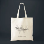 Personalised Script Groomsmen's name and Monogram Tote Bag<br><div class="desc">Add a personal touch to your wedding with personalised groomsmen tote bag. This tote bag features personalised groomsman's name in grey classic script font style with wedding details in grey classic serif font style and monogram in light grey classic serif font style as background, on white background. Also perfect for...</div>