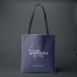 Personalised Script Groomsmen's name and Monogram  Tote Bag<br><div class="desc">Add a personal touch to your wedding with personalised groomsmen tote bag. This bag features personalised groomsman's name in white classic script font style with wedding details in white classic serif font style and monogram in light navy blue classic serif font style as background, on navy blue background. Also perfect...</div>