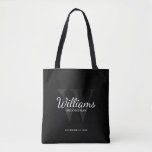 Personalised Script Groomsmen's name and Monogram  Tote Bag<br><div class="desc">Add a personal touch to your wedding with personalised groomsmen tote bag. This bag features personalised groomsman's name in white classic script font style with wedding details in white classic serif font style and monogram in grey classic serif font style as background, on black background. Also perfect for best man,...</div>