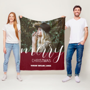 Personalised Script Merry Christmas Photo Name Fleece Blanket