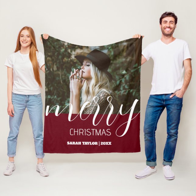 Personalised Script Merry Christmas Photo Name  Fleece Blanket (In Situ)