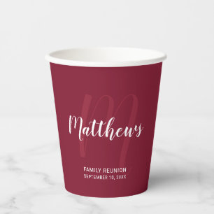 Personalised Script Monogram and Name Burgundy Red Paper Cups