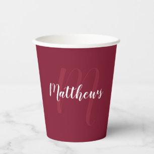 Personalised Script Monogram and Name Burgundy Red Paper Cups
