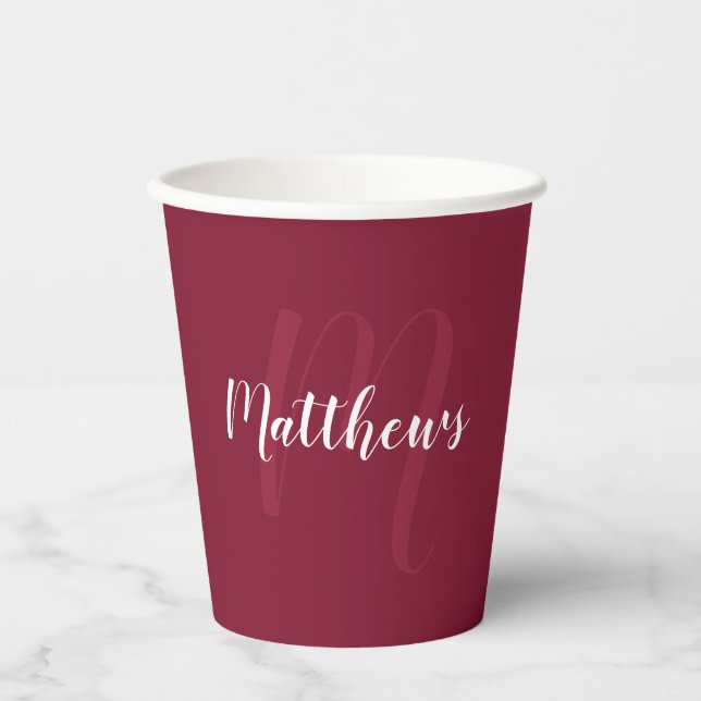 Personalised Script Monogram and Name Burgundy Red Paper Cups (Front)