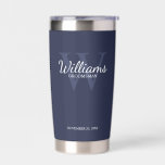 Personalised Script Monogram and Name Groomsmen Insulated Tumbler<br><div class="desc">Add a personal touch to your wedding with personalised groomsmen gift. This design features personalised groomsman's name in white classic script font style with wedding details in white classic serif font style and monogram in light navy blue classic serif font style as background on navy blue background. Also perfect for...</div>