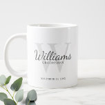 Personalised Script Monogram and Name Groomsmen Large Coffee Mug<br><div class="desc">Add a personal touch to your wedding with personalised groomsmen mug. This mug features personalised groomsman's name in grey classic script font style with wedding details in grey classic serif font style and monogram in light grey classic serif font style as background, on white background. Also perfect for best man,...</div>