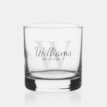 Personalised Script Monogram and Name Groomsmen Whiskey Glass<br><div class="desc">Add a personal touch to your wedding with personalised groomsmen gift. This design features personalised groomsman's name in grey classic script font style with wedding details in grey classic serif font style and monogram in light grey classic serif font style as background. Also perfect for best man, father of the...</div>