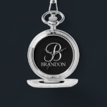 Personalised Script Monogram and Name Keychain Watch<br><div class="desc">Personalised Monogram and Name Gift
features personalised monogram in white classic script font style and name in white classic serif font style on black background.

Perfect as holiday gifts,  family reunion favours and for any special occasions.</div>