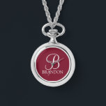 Personalised Script Monogram and Name Keychain Watch<br><div class="desc">Personalised Monogram and Name Gift
features personalised monogram in white classic script font style and name in white classic serif font style on burgundy red background.

Perfect as holiday gifts,  family reunion favours and for any special occasions.</div>