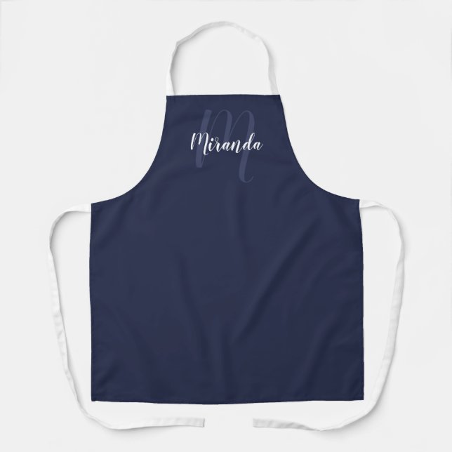 Personalised Script Monogram and Name Navy Blue Apron (Front)