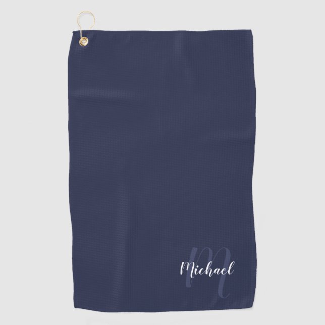 Personalised Script Monogram and Name Navy Blue Golf Towel (Front)