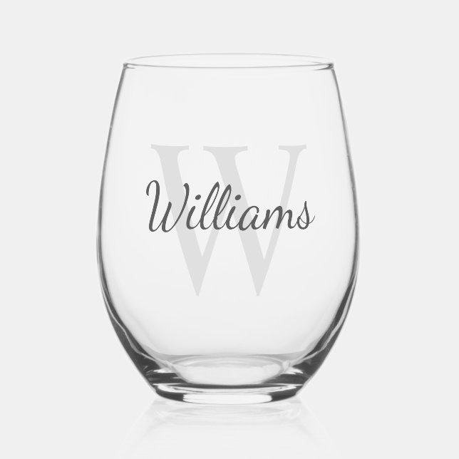 Personalised Script Monogram and Name Stemless Wine Glass (Front)