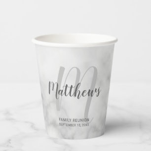Personalised Script Monogram and Name White Marble Paper Cups