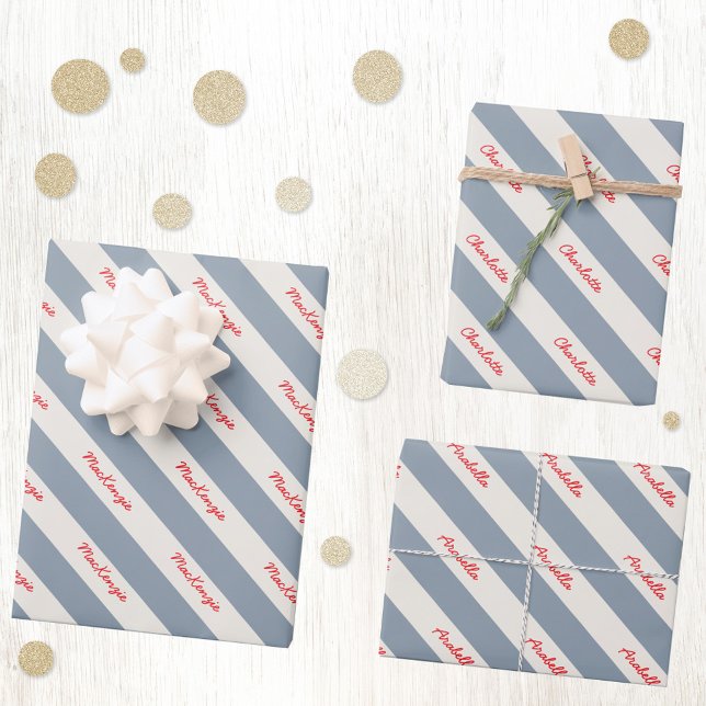 Personalised Script Name Blue Cream Candy Stripe Wrapping Paper Sheet (Personalized script names diagonal stripe blue and cream gift wrapping paper for unique celebrations)