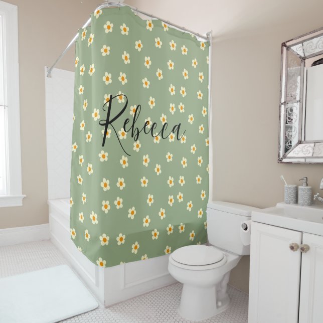 Personalised Script Name Cute Daisy Pattern Green Shower Curtain (In Situ)
