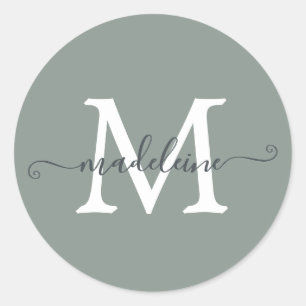 Personalised Script Name Monogram Dusty Green Classic Round Sticker