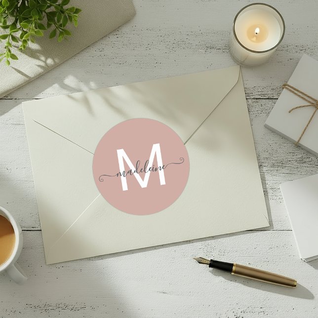 Personalised Script Name Monogram Dusty Rose Classic Round Sticker (Creator Uploaded)